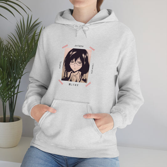 Unisex Heavy Blend Hooded Sweatshirt Anime lover I love you in Spanish, English, French and Japonese